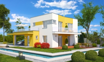 Unconventional house project with covered parking for two cars and a room on the ground floor.